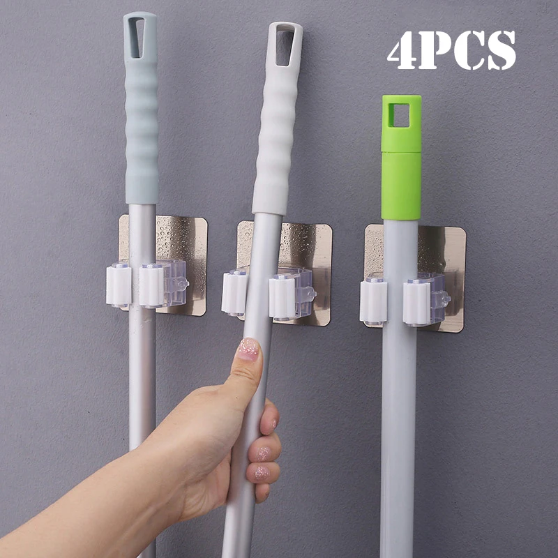 2/4pcs  Adhesive Wall Mounted Hooks Multi-Purpose Mop Broom Holder Rack Storage Solution Strong Hanger for Kitchen Bathroom-animated-img