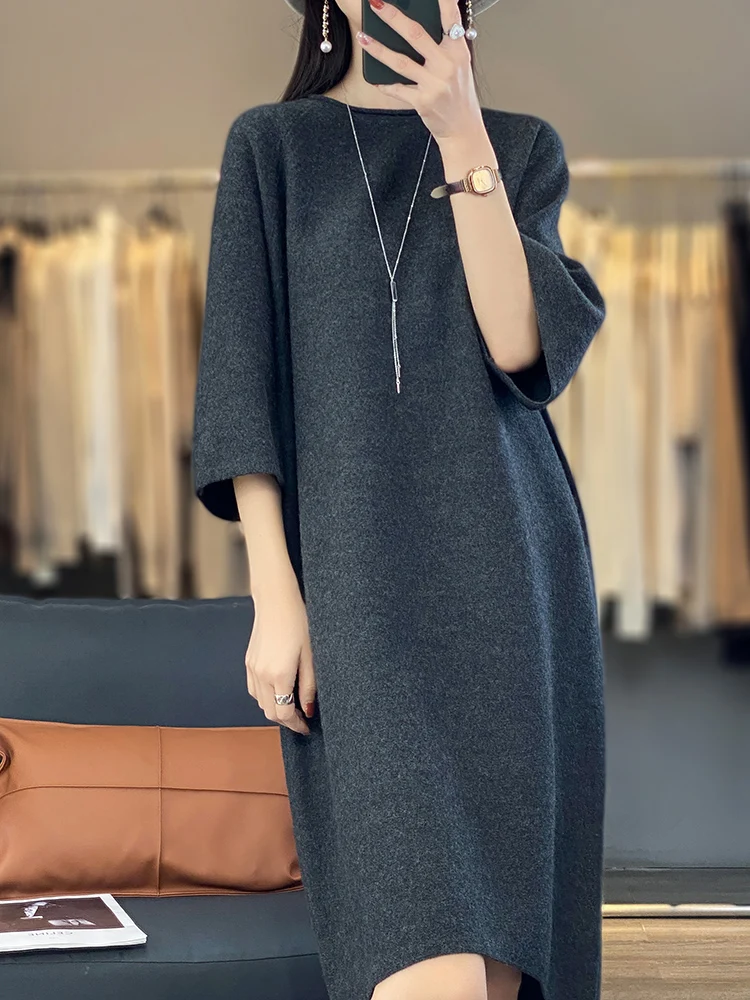 100% Merino Wool 2024 Fashion Women Half Sleeve Dresses For Spring and Summer O-neck Pure Color Office Lady  Knitwear Dress-animated-img