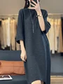 100% Merino Wool 2024 Fashion Women Half Sleeve Dresses For Spring and Summer O-neck Pure Color Office Lady  Knitwear Dress preview-1