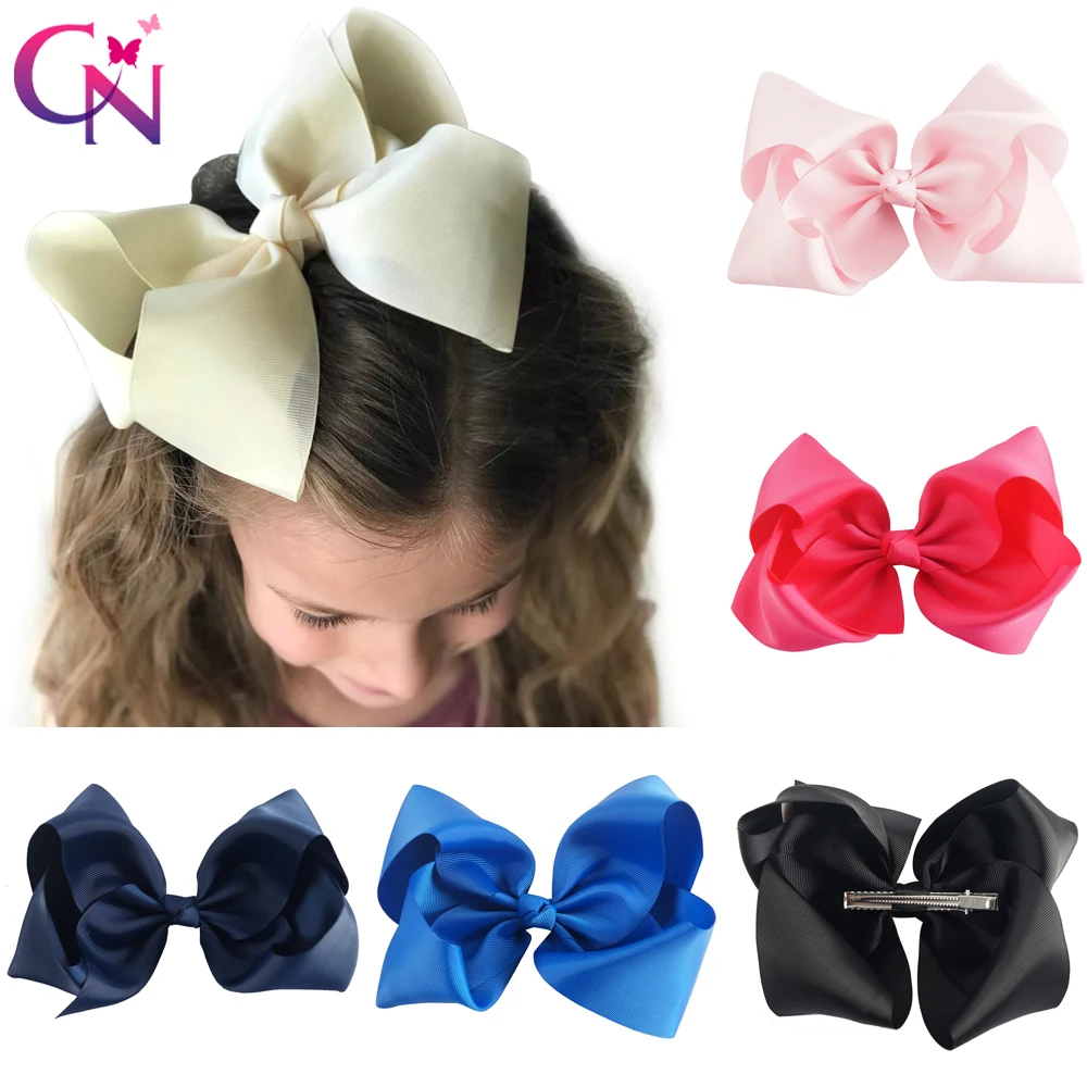 CN 30pcs/lot 8" Handmade Solid Large Hair Bow For Girls Kids Grosgrain Ribbon Bow With Clips Boutique Big Hair Accessories-animated-img