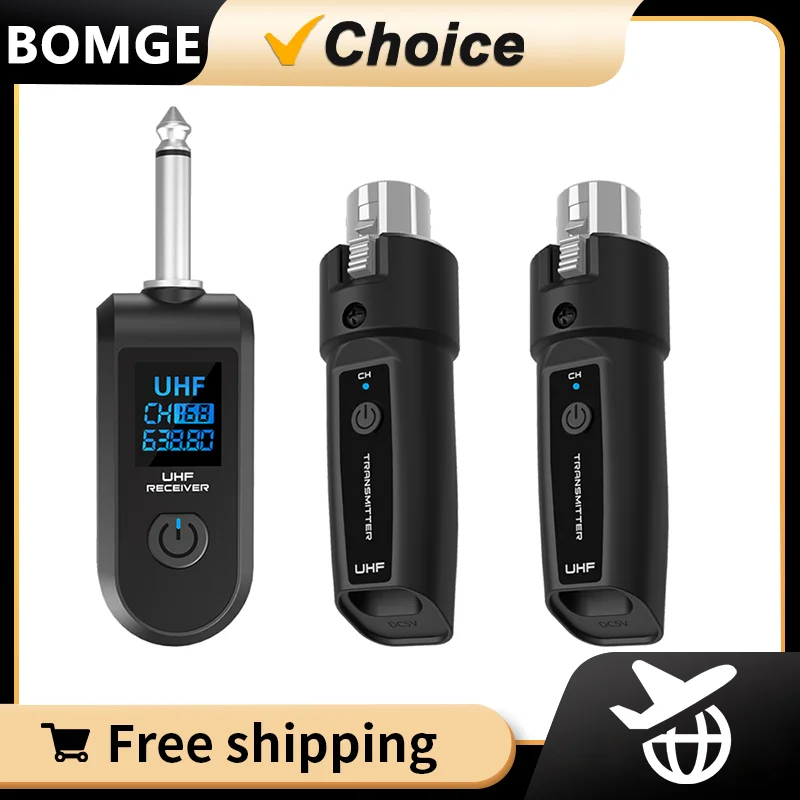 BOMGE UHF XLR Adapter System Wireless Microphone Transmitter Receiver System for Dynamic Microphone Guitar Audio Mixer PA System-animated-img