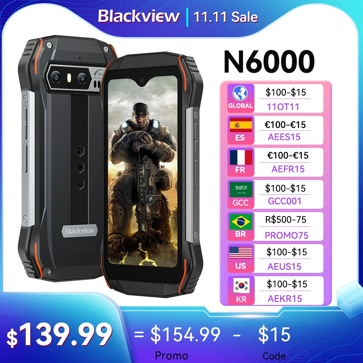 Blackview N6000 Global Phone Rugged 48MP 8GB+256GB G99 Android 13 4.3''  Display