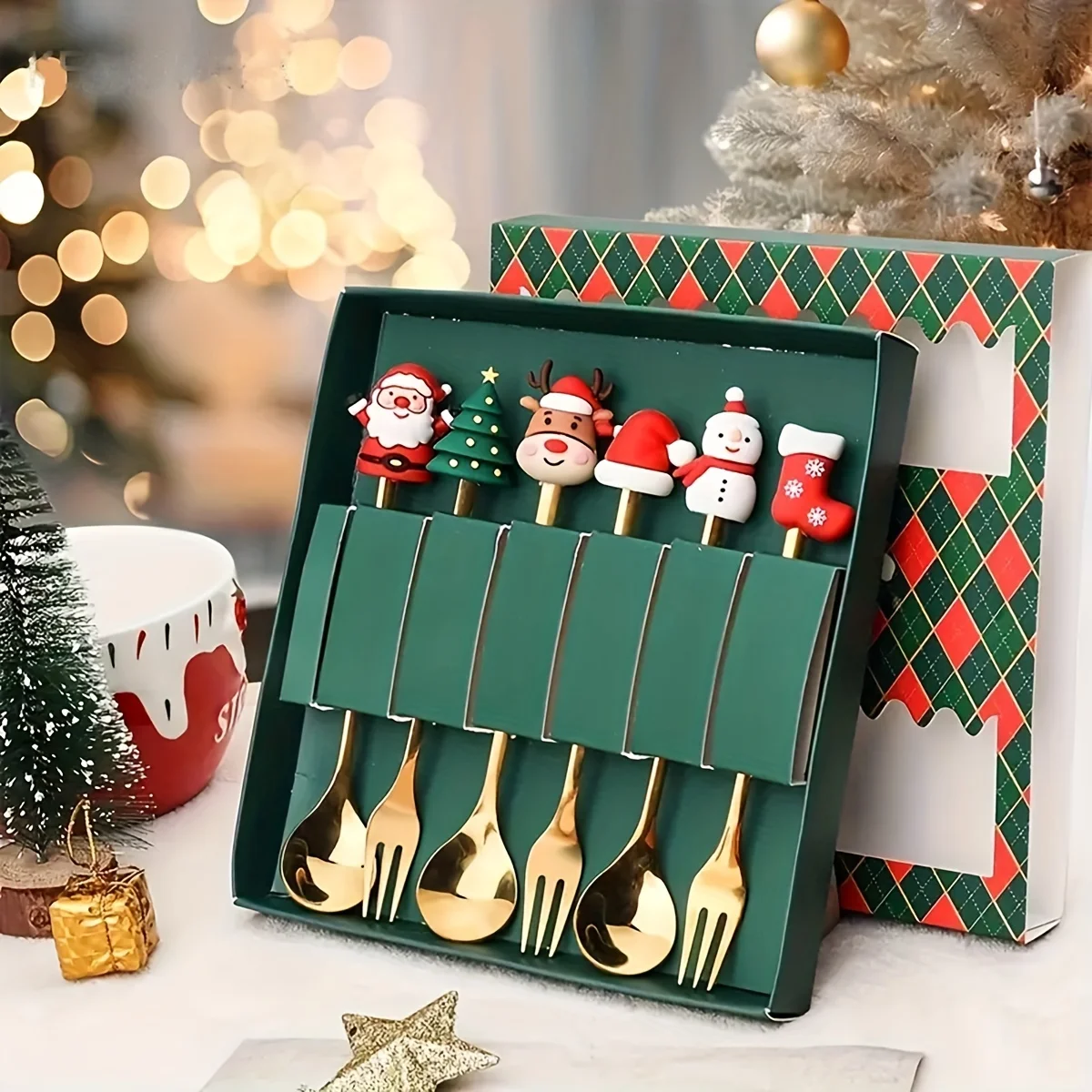 2/4/6Pcs Christmas Fork And Spoon Set,Stainless Steel Creative Tableware,Coffee Tea Dessert Forks And Spoons Gift Set-animated-img