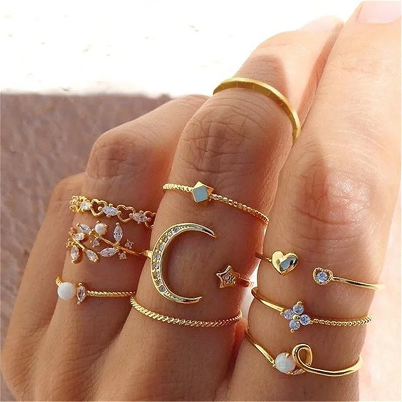 Boho Zircon Rings Set Gold Color Bohemia Crystal Letter Love Heart Moon Arrow Flower Ring for Women Lovers Wedding Jewelry Gifts-animated-img