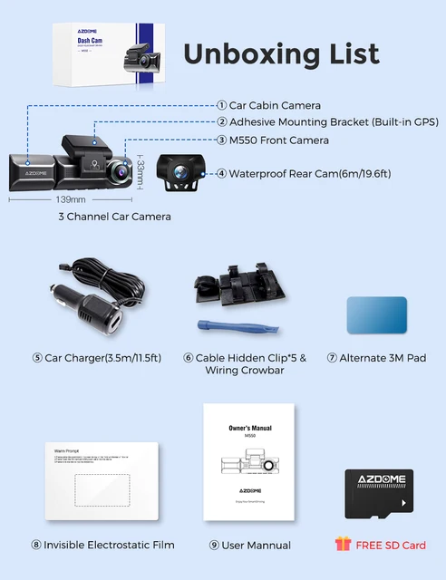 AZDOME M300S Dash Cam 4K+1080P Rear Camera 800MP Lens Built-in GPS