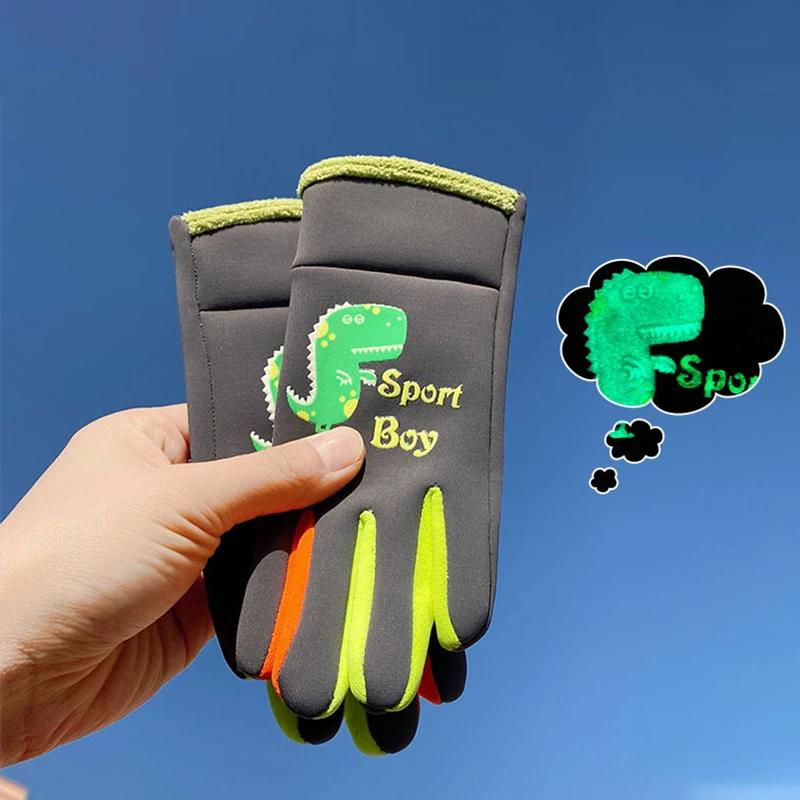 Winter Children's Gloves Cartoon Dinosaur Fluorescence Cycling Kids Warm Sports Skiing Windproof Waterproof Boys Girls Gloves-animated-img