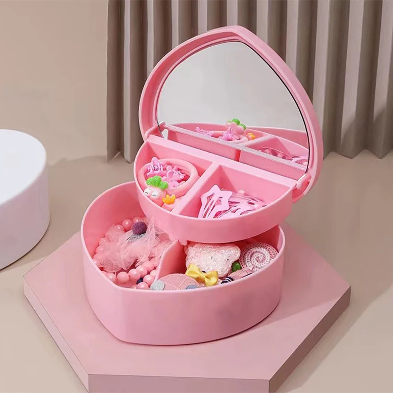 Girls Heart Jewelry Storage Box With Mirror Pink White Plastic Bracelets Hair Band Organizer Girl's Drawer Desk Jewelry Display-animated-img