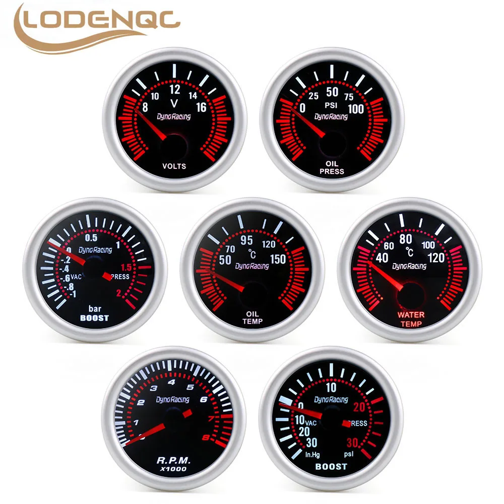 2" 52mm Dynoracing Smoke lens Boost gauge bar psi Vacuum Water temp Oil temp Oil press Voltmeter Fuel level Tachometer rpm gauge-animated-img