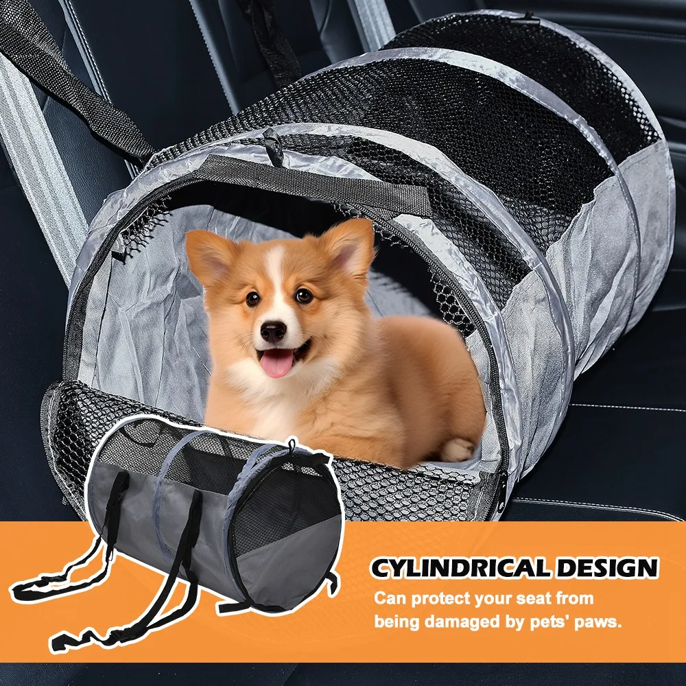 Car Back Seat Safety Pet Carrier, Foldable Cylindrical Cage for Cats and Puppy Dogs Breathable Mesh Auto Transport Barrier-animated-img