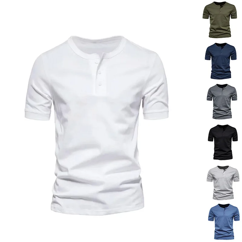 Men Button Slim T-shirts Casual Male Sporty Round Collar Short Sleeve Solid Color Tee Shirt Tops CBFS-23005-animated-img