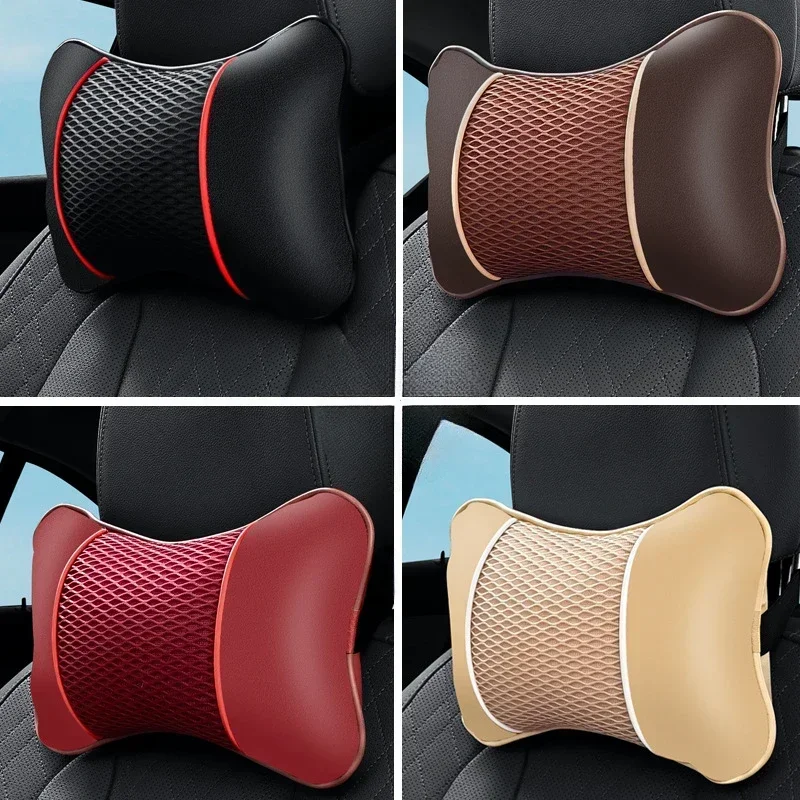 Leather Knitted Car Pillows Headrest Neck Rest Cushion Support Seat Accessories Auto Black Safety Pillow Universal Decor Auto-animated-img