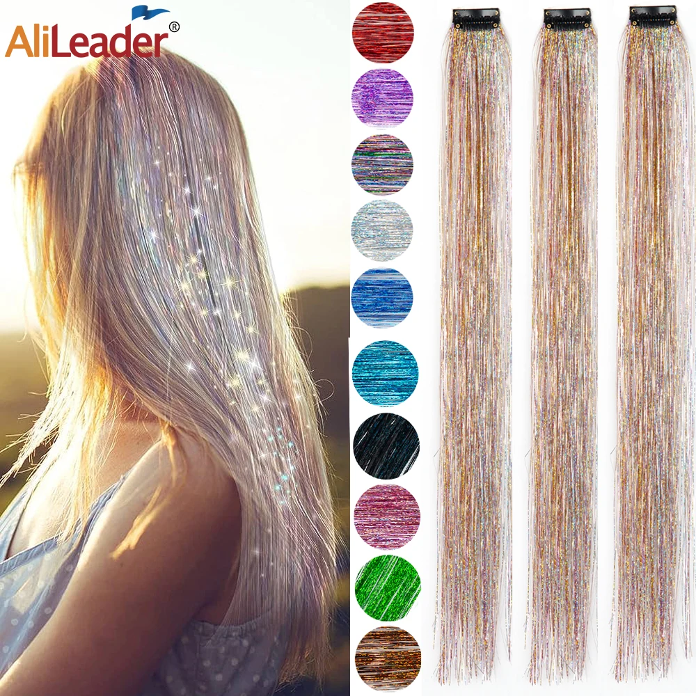 Купить Алиэкспресс  Hair Tinsel Clip In Extensions Pink Silver Gold  Sparkle Highlights For Hair 19.5 Inch Multi-Colors Hair Extensions For Party