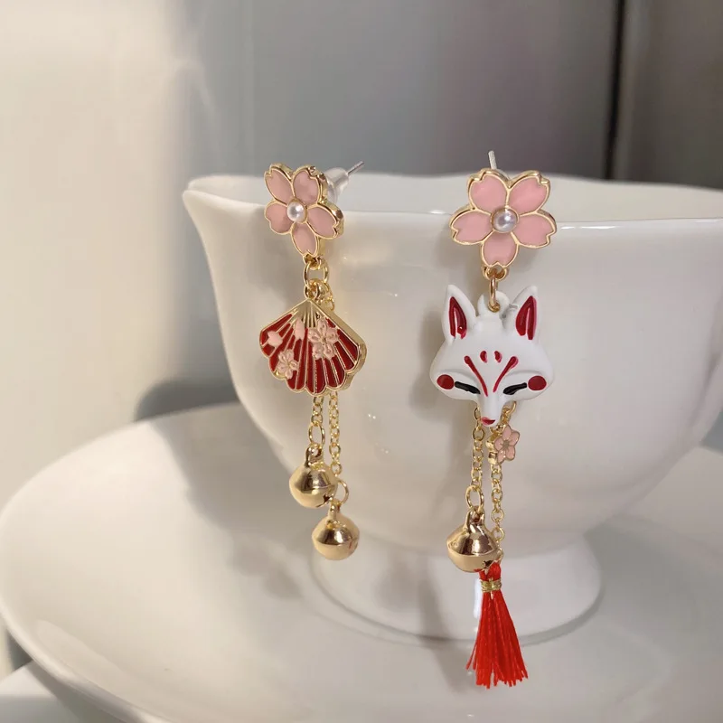 Chinese Style Fox Mask Folding Fan Asymmetrical Long Tassel Earrings For Women Girls Cherry Blossom Earring Christmas Jewelry-animated-img