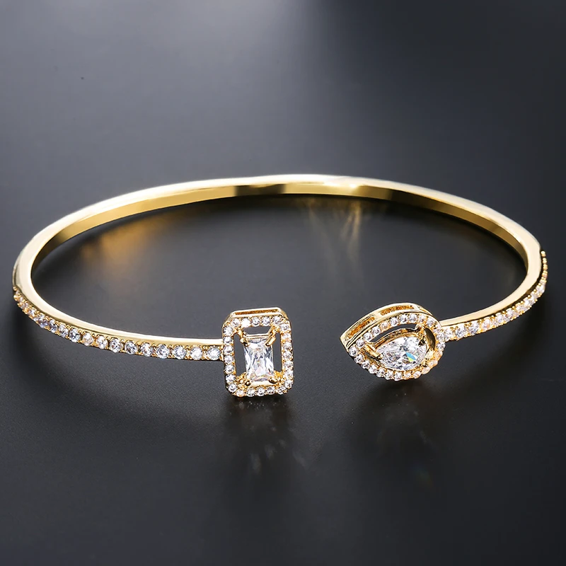 Luxury Geometry Gold Color Cuff Bangles For Women Fashion Cubic Zirconia Bracelets INS Party Everyday Jewlery.-animated-img