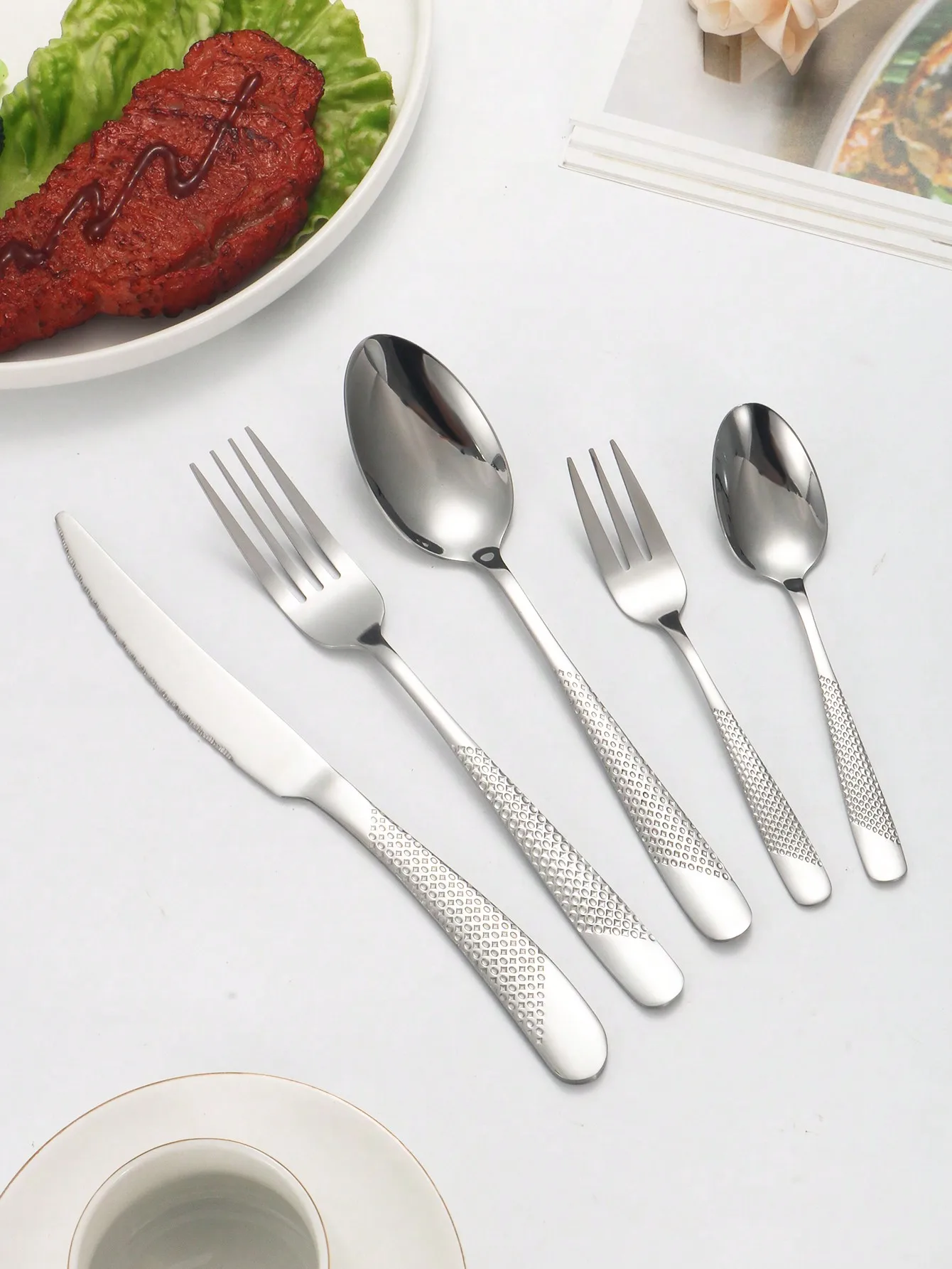 6pc/30pc Stainless steel silver high-end star diamond tableware set knife, fork and spoon dessert fork and spoon-animated-img