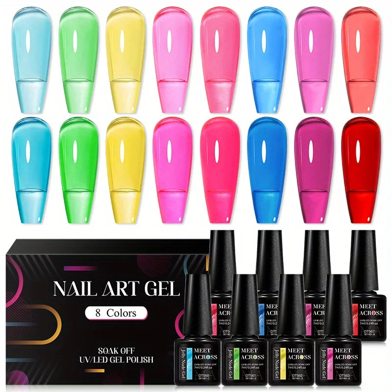 MEET ACROSS 8Pcs/Set Jelly Glass Gel Nail Polish Set Crystal Nude Pink Semi Permanent UV Gel Kit For Naill Art Manicure Vernis-animated-img