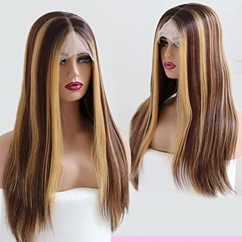 brown lace front wig with blonde highlights