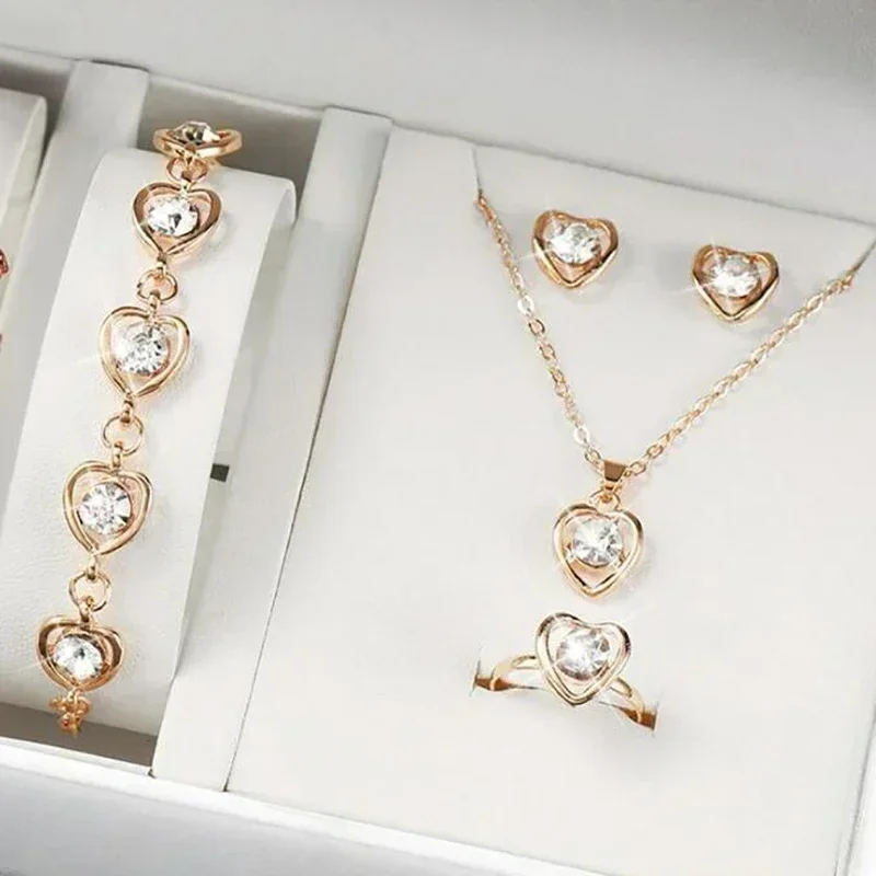 5PCS Set Gold-Color Heart Shaped Jewelry Sets Of Ring Earrings Necklace For Women Elegance Rhinestone Double Heart Jewelry-animated-img