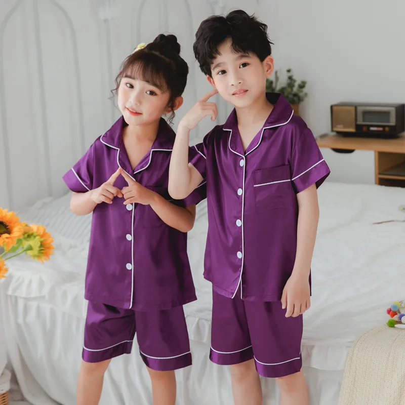 Satin Silk Pajama Sets for Kids Boys Girl Long SLeeved Pijamas Children Silky Loungewear Teen Girl Pjs 2 to 4 6 8 10 12 14 Years-animated-img