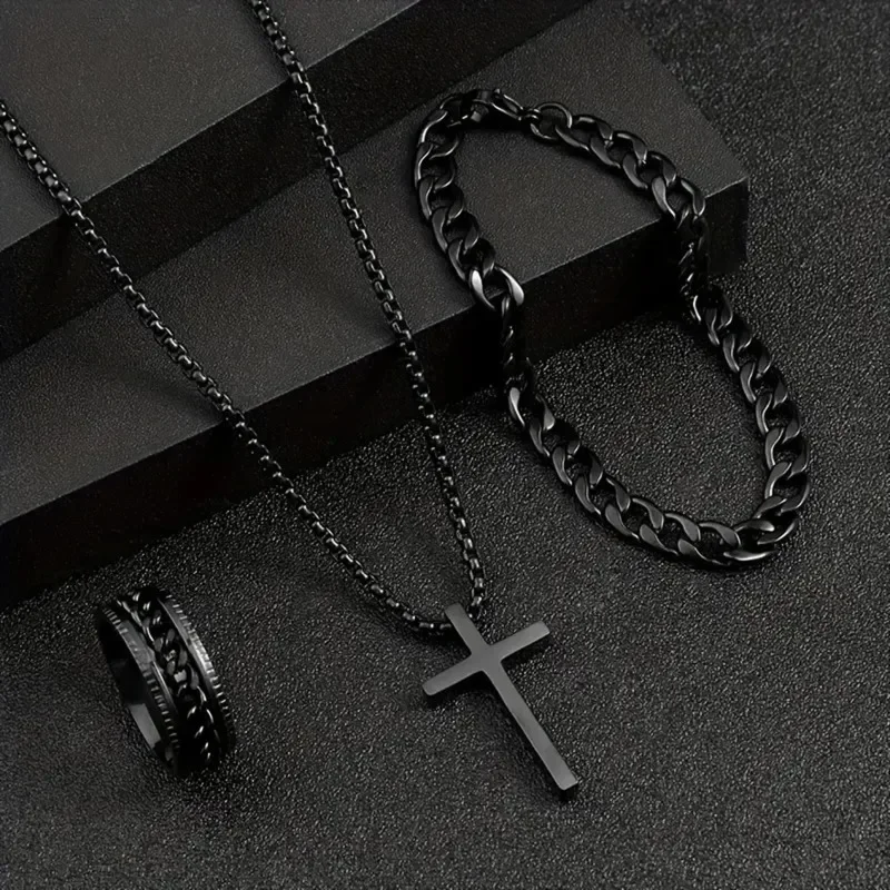 3pcs/set Punk Black Cross Pendant Necklace Thick Chain Bracelet Ring Fashion Jewelry Sets  Men for Autumn-animated-img