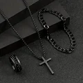 3pcs/set Punk Black Cross Pendant Necklace Thick Chain Bracelet Ring Fashion Jewelry Sets  Men for Autumn preview-1