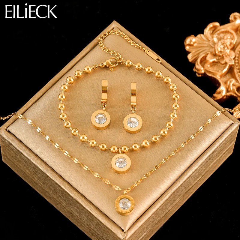 EILIECK 316L Stainless Steel Roman Numeral Zircon Necklace Bracelets Earrings Set For Women New Trendy Gift Waterproof Jewelry-animated-img