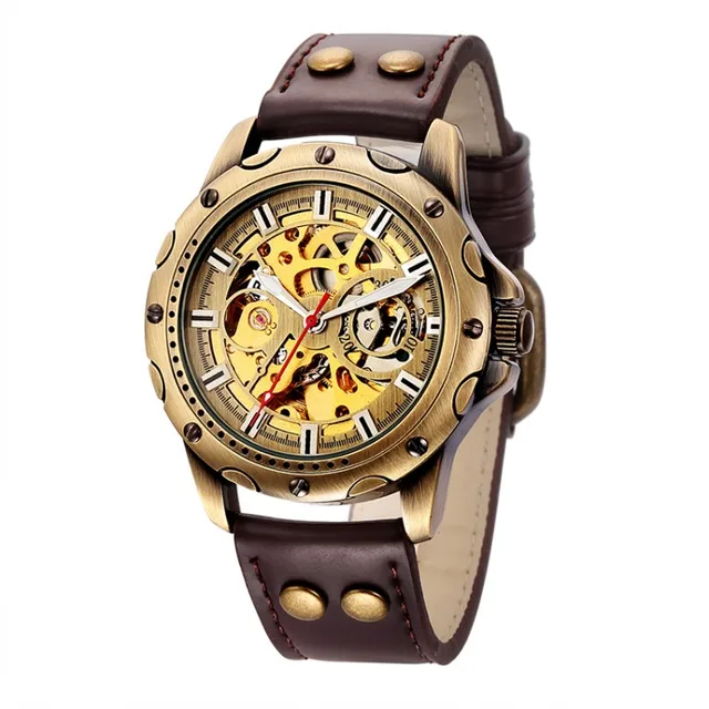 Leather Mechanical Watch Men Automatic Steampunk Watch Mens Skeleton Watches  Bronze Transparent Vintage Sport Wristwatch Male