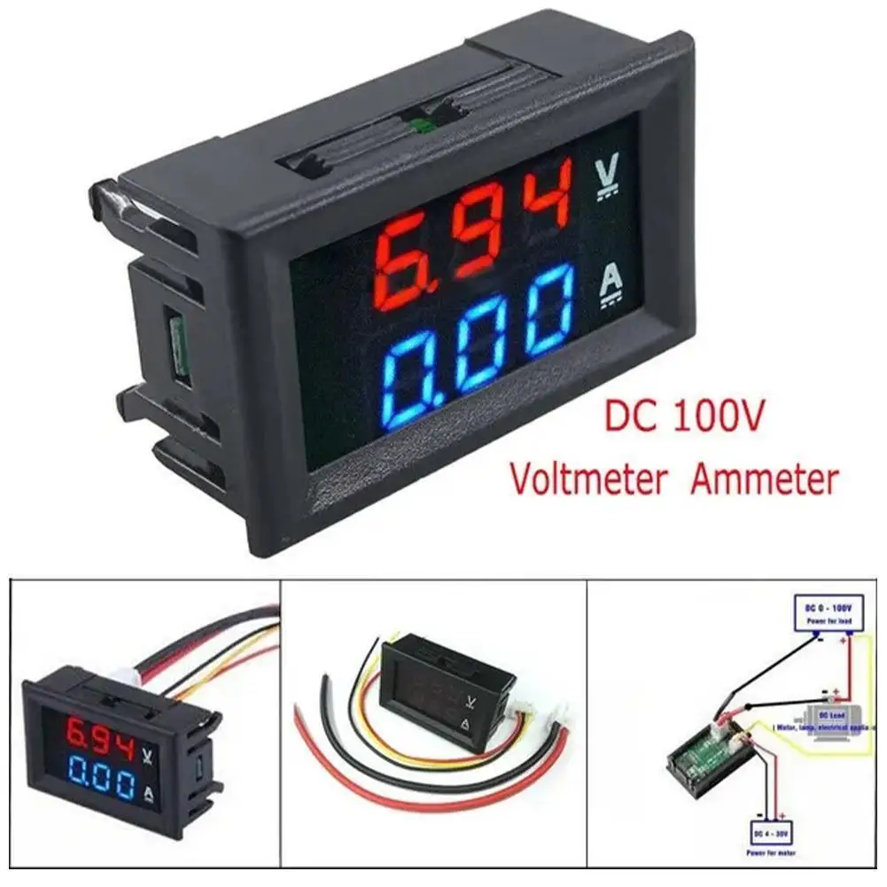 Digital Voltmeter Ammeter DC 100V 10A Amp Voltage Current Meter Tester 0.28 Inch Dual LED Display Panel with Connect Wires-animated-img