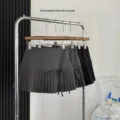 Gray Pleated Skirt High Waist Slim A- Line Short Skirt For Women 2024 New Design Belted Elegant Half Length Gown preview-2