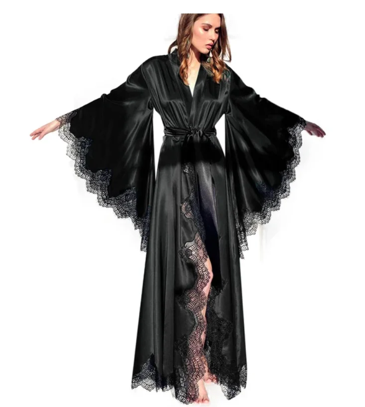 Women Robes Sleepwear Kimono Pajamas Pure Long Black Silk Satin Lace Trim Photography Dress Wedding Bride Gown Photo Shoot-animated-img