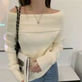 Sexywhite Elegant Off-The-Shoulder Knitted Sweater Base Layer Top For Women Slimming Inner Wear Outer Wear Chinese Landscape Pat preview-2