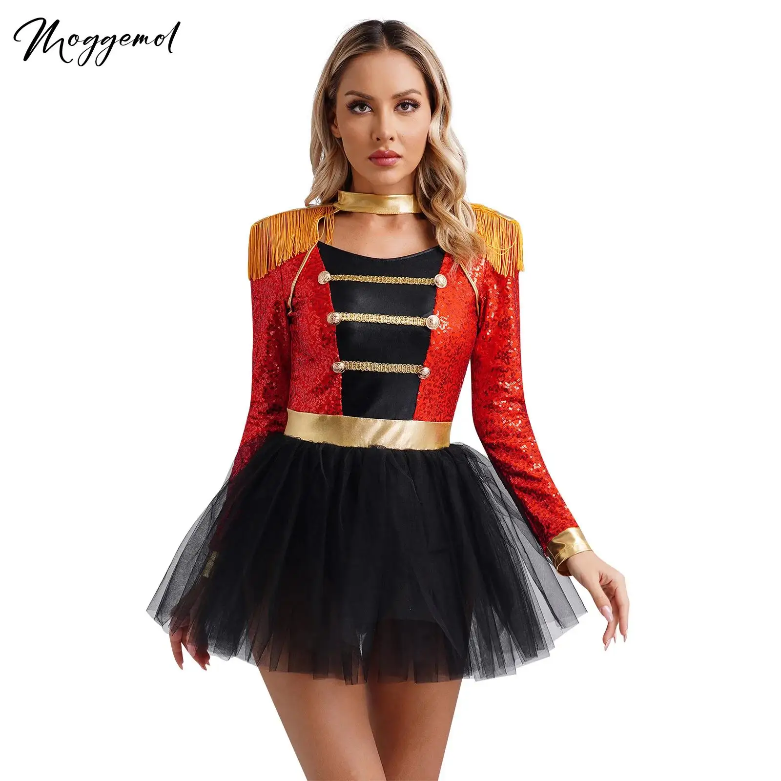 Women Circus Ringmaster Cosplay Costume Shiny Sequins Long Sleeve Fringed Shoulder Tulle Tutu Leotard Dress Halloween Costume-animated-img