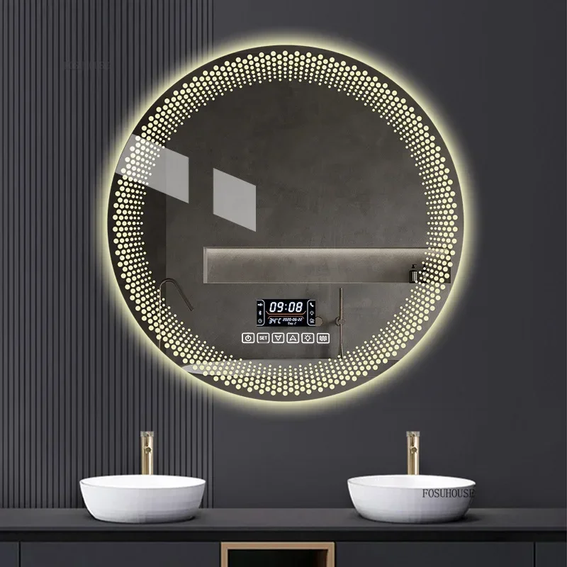 European Round Bath Mirrors Simple Led Smart Bathroom Mirror Toilet Wall Mounted Touch Screen Anti-fog with Light Round Mirror-animated-img