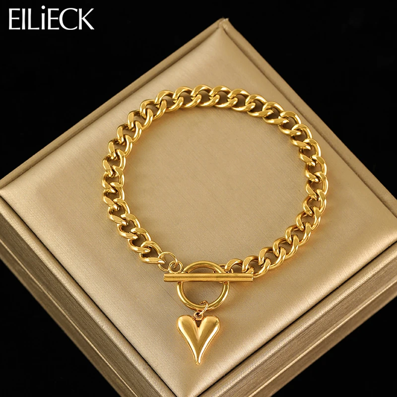 EILIECK 316L Stainless Steel Heart Love Charm Bracelet For Women Trendy 18K Gold Plated Waterproof Wrist Chain Jewelry Gift-animated-img