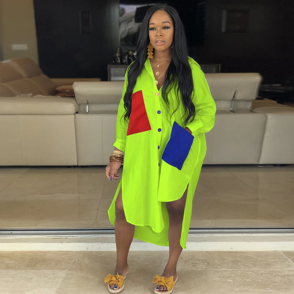 Neon Green Spring Casual Shirt Dress 