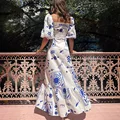 Women Floral Print Maxi Dress Square Neckline Lantern Sleeves Silhouette for Vacation Prom or Party Cotton and Line Long Dresses preview-2