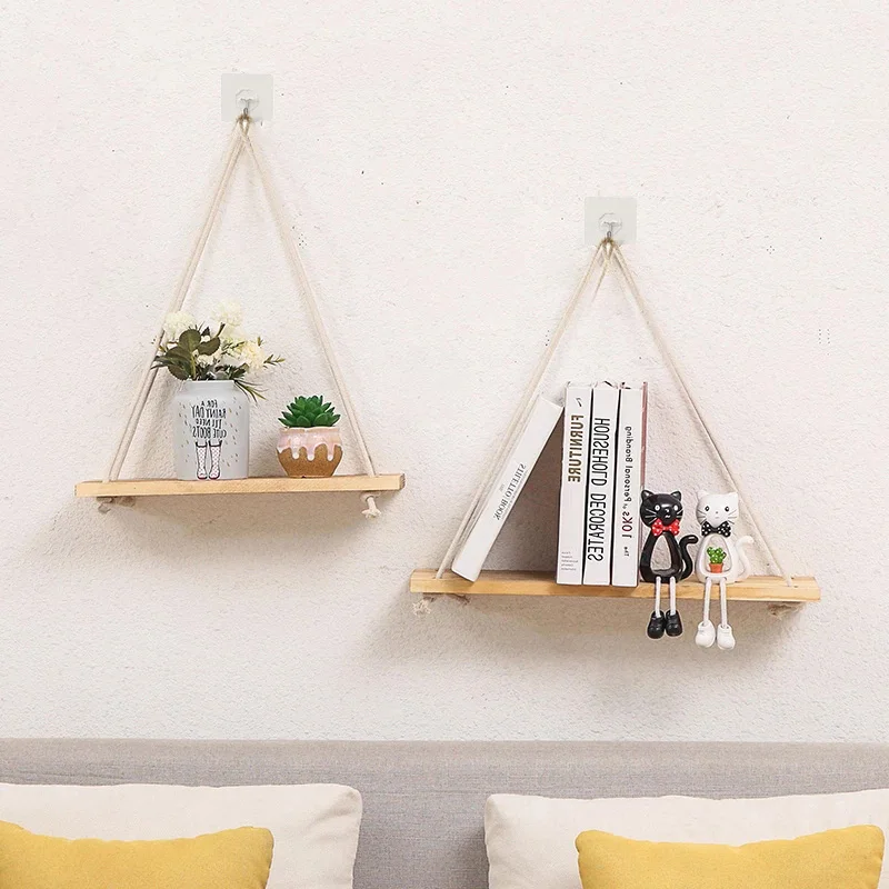 Wood Swing Hanging Rope Wall Mounted Floating Shelves Home Living Room Wall Shelf Sundries Storage Outdoor Garden Decor New-animated-img