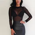 Black WineRed Mesh Patchwork Transparent T-shirts Sexy Lady Turtleneck Long Sleeve Elastic Stretch Thin Mesh Tee Tops CKFZ-021 preview-1