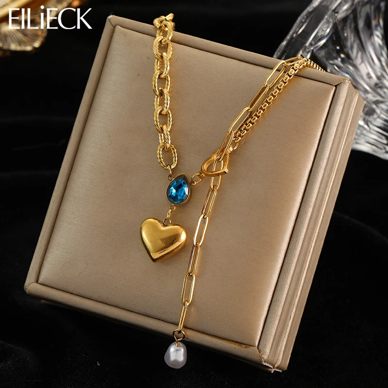 EILIECK 316L Stainless Steel Blue Zirconia Crystal Heart Pendant Necklace For Women Non-fading Gold Color Neck Jewelry Gifts-animated-img