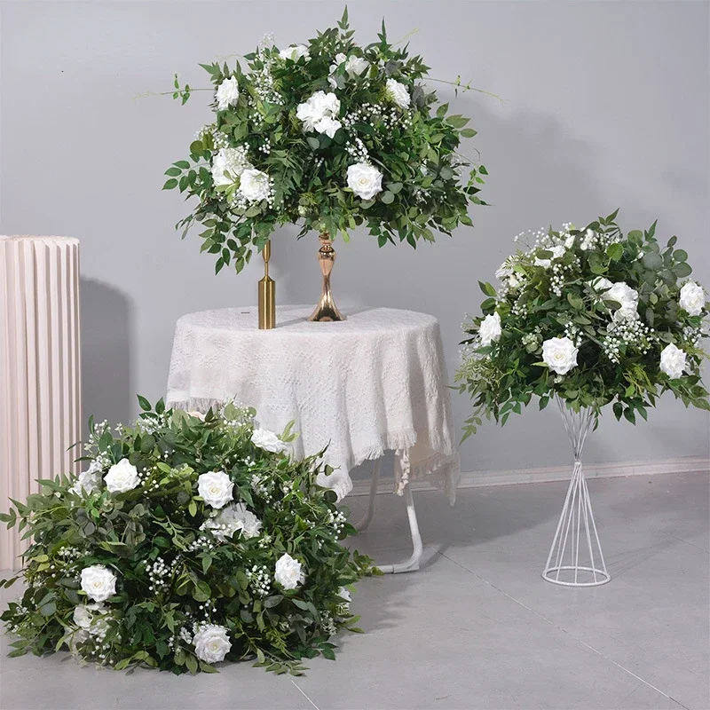 Green Plant Artificial Flower Ball White Rose Greenery Arrangement Wedding Decoration Table Centerpiece Flower Ball Road Leading-animated-img