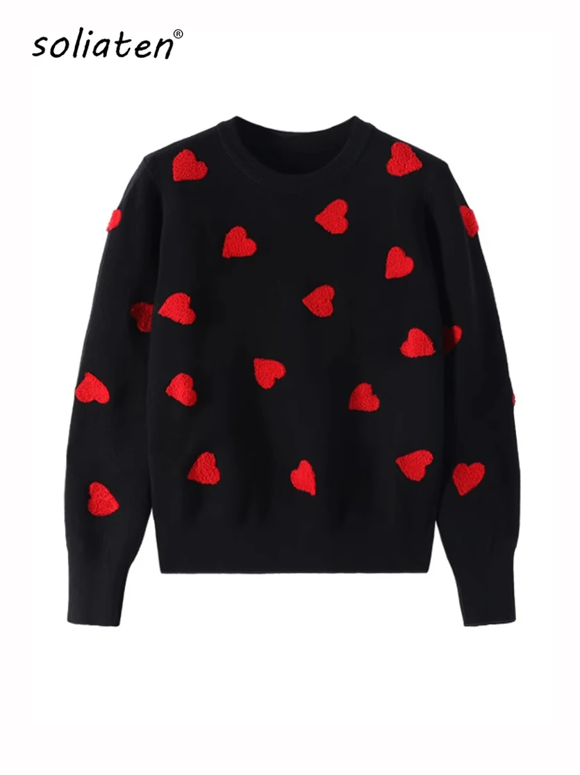 Women Embroidery Love Heart Strawberry Knitted Sweaters Vintage Y2K Casual Sweet O Ne Pullovers Winter Warm Sweater Tops C-129-animated-img