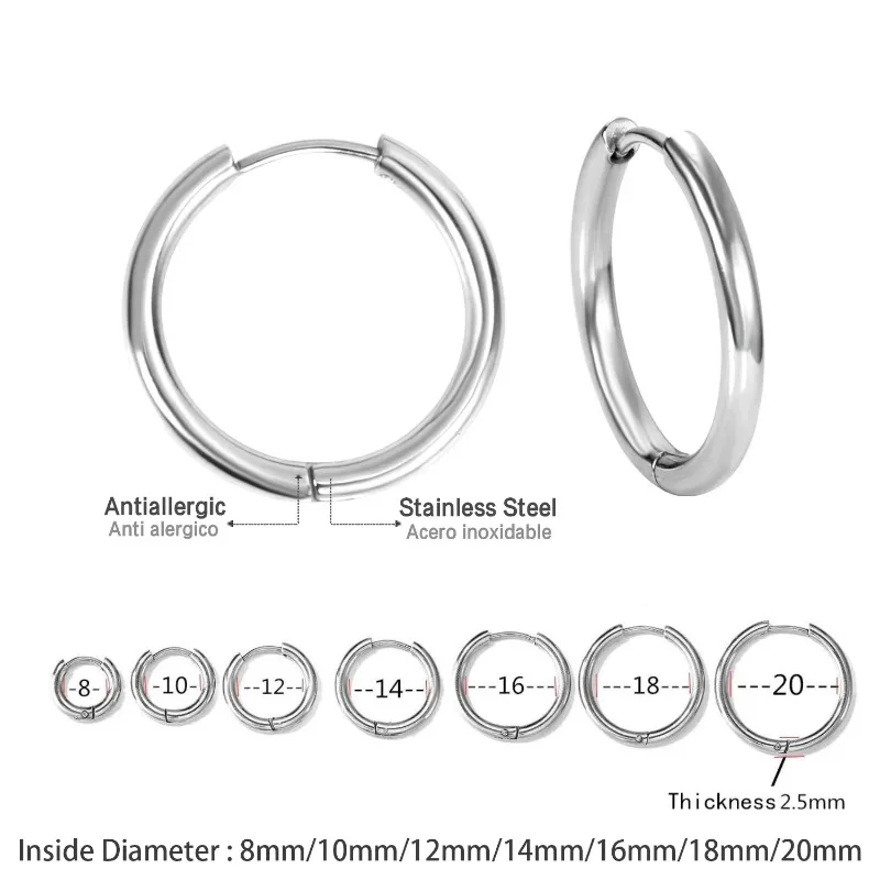 2Pcs Small Hoop Earrings for Women Men, Silver Color Stainles Steel Round Circle Pendientes Mujer 2023 Hypoallergeic-animated-img