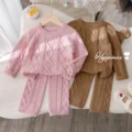 Girls Autumn/Winter New Thickened Knit Fashion Solid Color Jacquard Sweater Korean Style Versatile Trousers 2-Piece Set Trendy preview-3