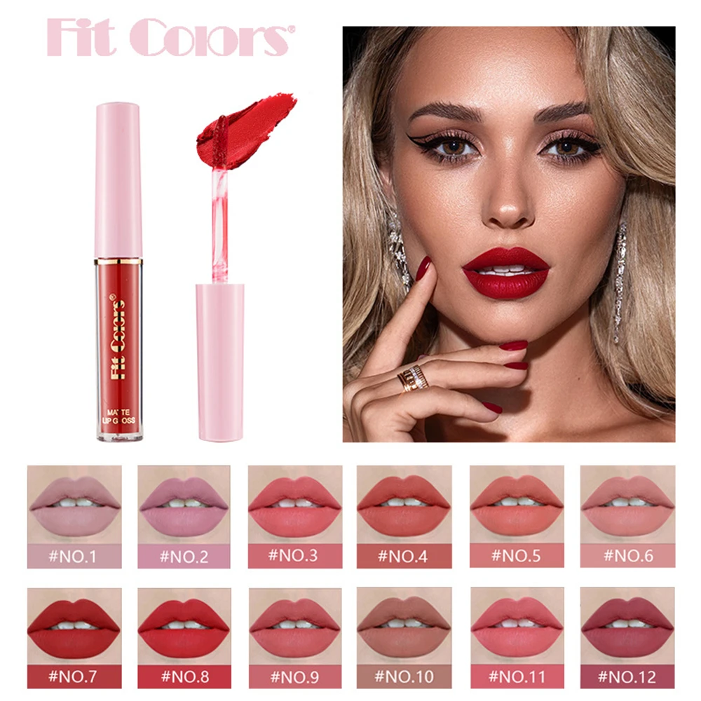 Fit Colors 12 Colors Matte Lipstick Velvet Liquid Lip Gloss Non-marking Long Lasting Sexy Red Pink Lip Makeup Beauty Cosmetics-animated-img