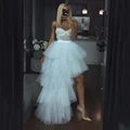 Women's White High Low Tutu Skirts Elastic Waist Tulle Layered Ruffles Princess Petticoat Long Tiered Skirt For Wedding Party