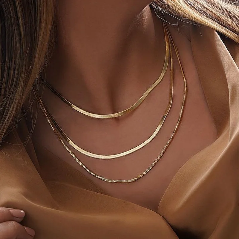 Stylish unisex stainless steel gold herringbone snake chain necklace choker-animated-img