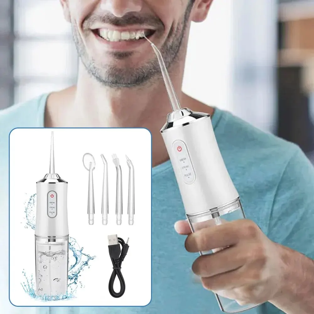 Dental Floss, Portable Cordless Oral Irrigator Cleaning 3 Modes, Waterproof Rechargeable Dental Cleaner, with 4 Nozzles-animated-img