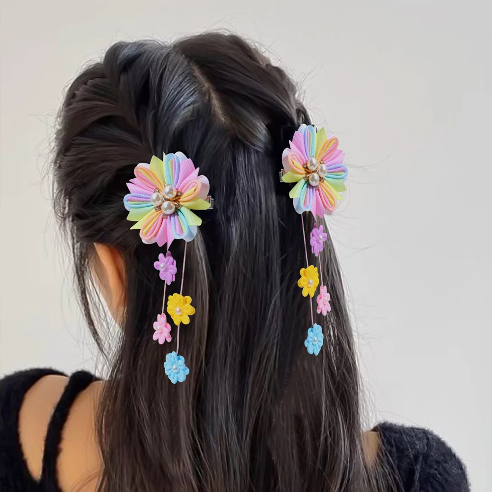2pcs Flower Hair Clips with Flower Tassel Faux Pearl Hairpins Cute Barrettes Hair Accessories for Girls Headwear Hair Pin-animated-img