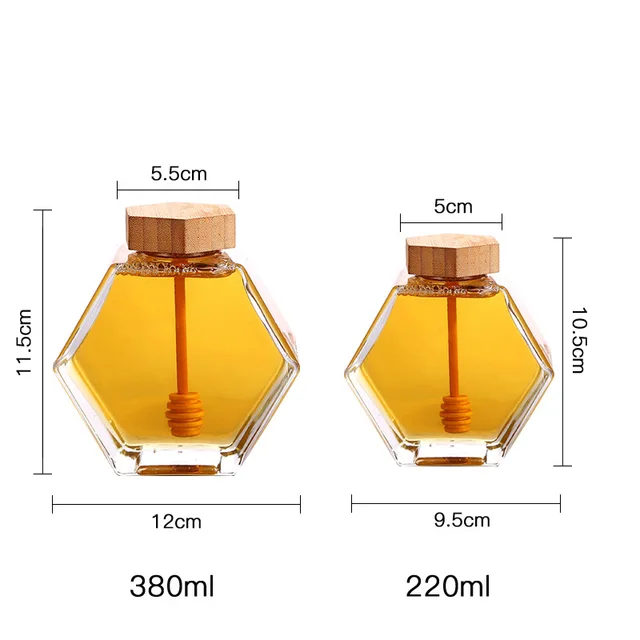 Hexagonal Glass Bottle 220ML/380ML Honey Jar Wooden Stirring Rod Honey Packaging Bottle Small Honey Bottle Container Pot De Miel-animated-img