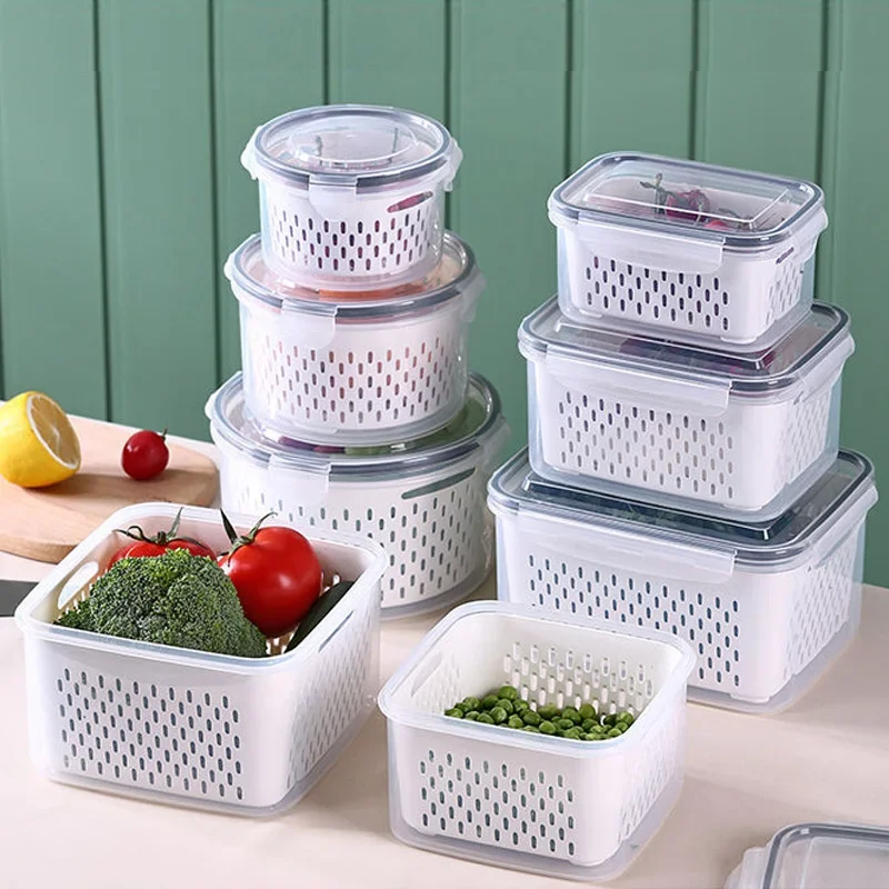 Kitchen Organizer Refrigerator Storage Box Fridge Organizer Fresh Vegetable  Fruit Boxes Drain Basket Storage Containers Pantry
